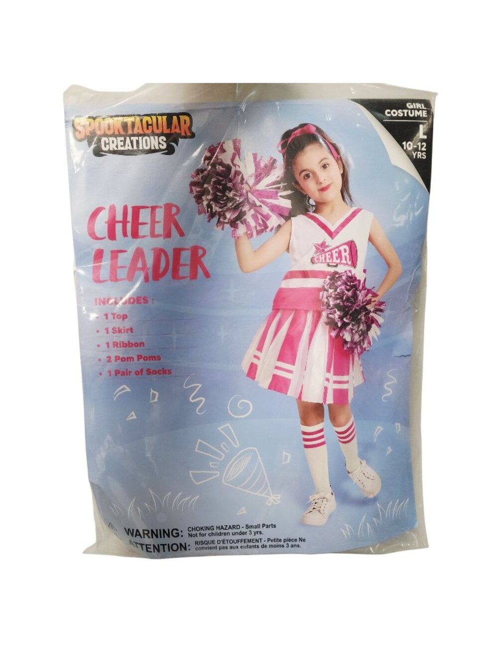 Creations Cheerleader Costume Girls 10-12 Top Skirt Ribbon Pom Poms Socks